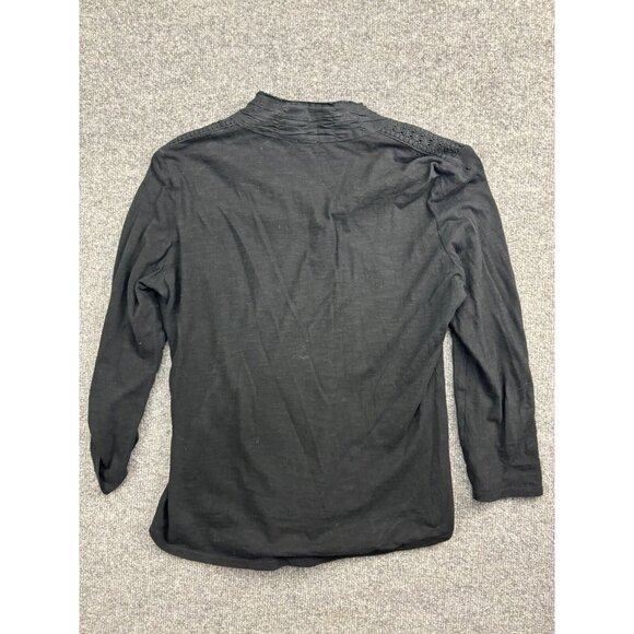 Reba Blouse Women's Small Black Multi Lace Trim Button Up 3/4 Roll Tab Sleeve - Picture 8 of 8